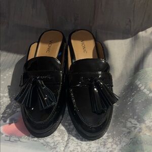 Vionic Black Patent Tassel Loafer Mules